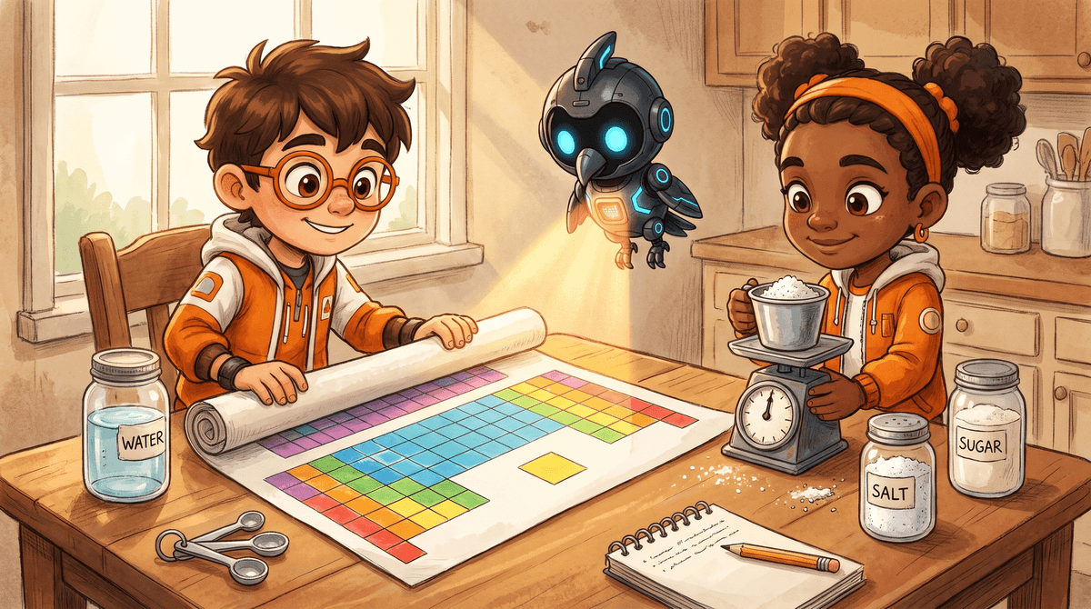 Rocket, Raven and Nova at one end of a kitchen table set up as the Bench. Rocket lines up clear cups, a measuring cup, salt and baking soda. Raven opens a notebook labeled Bench Log. Nova the drone hovers over an empty cup with her light glowing blue.