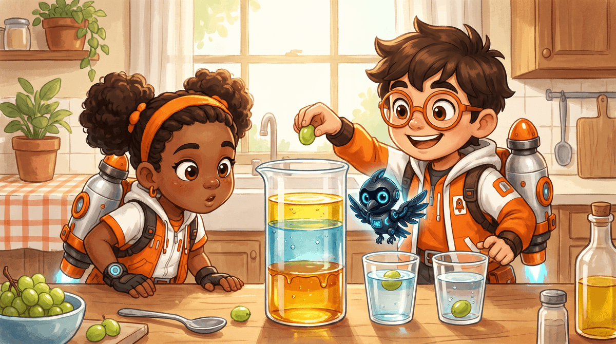 Rocket, Raven and Nova at the kitchen-table Bench. Rocket holds a clear cup where an ice cube floats. Raven points at the water line. Nova the drone hovers above the cup with her light on.