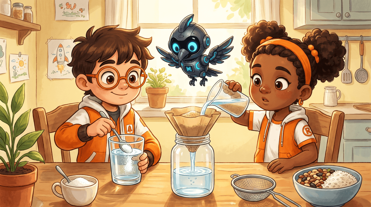 Rocket, Raven and Nova at the kitchen-table Bench. Rocket stirs salt into a clear cup of water. Raven holds a second cup up to the light. Nova the drone hovers above them with her light shining through the water.