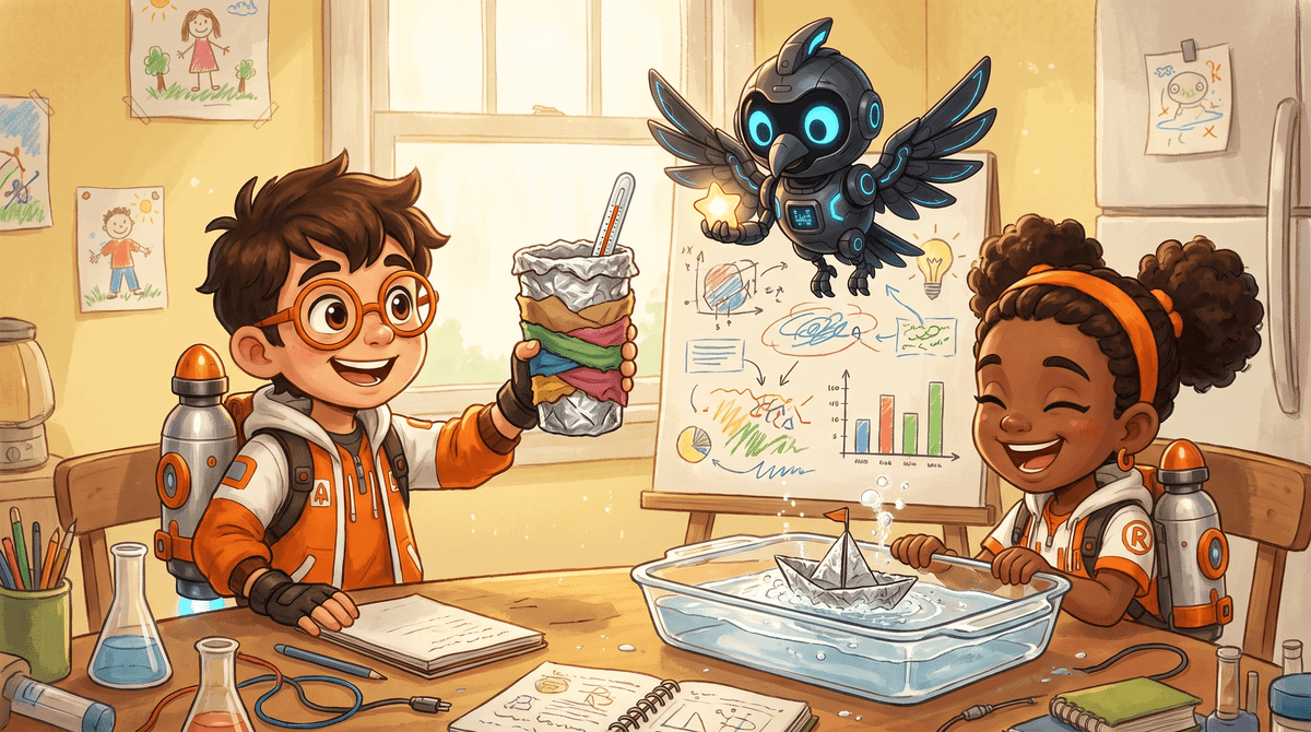 Rocket, Raven and Nova at the kitchen-table Bench. Rocket holds a stack of nested cups wrapped in paper and foil. Raven writes criteria and constraints in the Bench Log. Nova the drone hovers above a thermometer standing in a cup, her light shining on the reading.