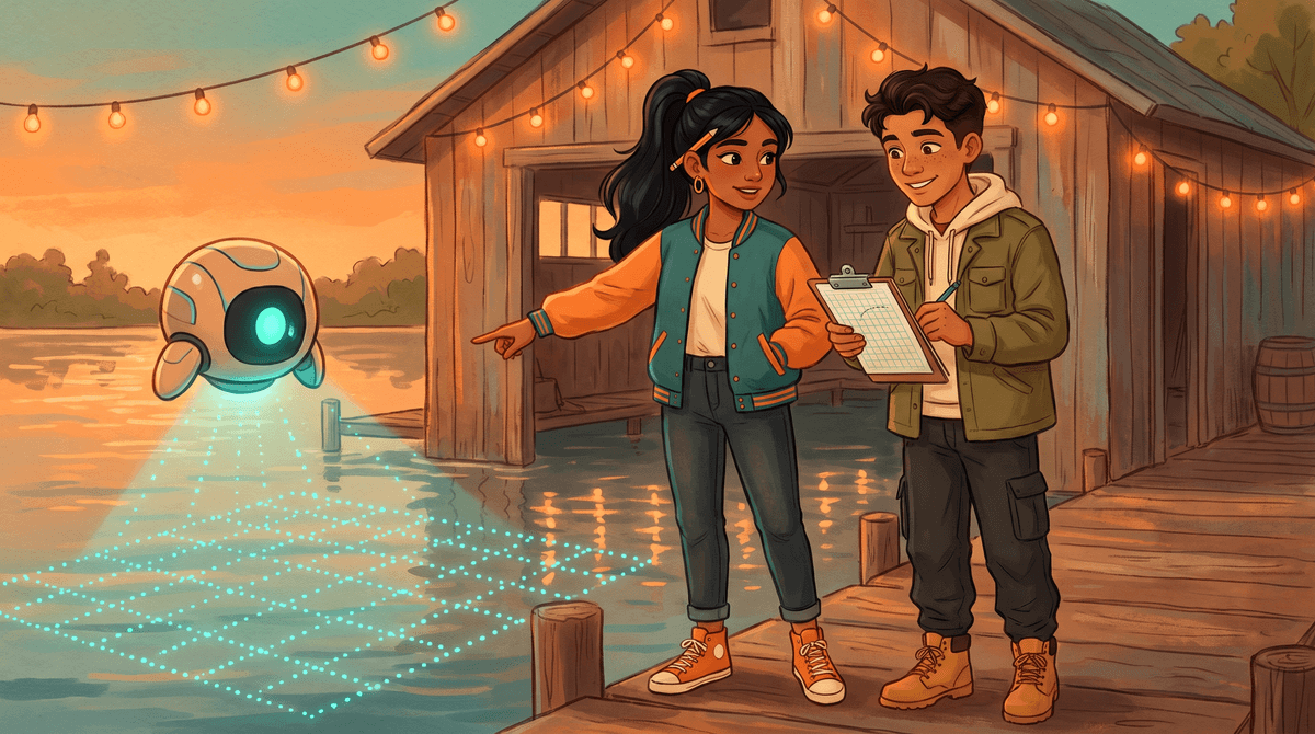 Evening at the Boathouse: dock lights reflect in a grid on the water while Comet points, Wren plots and Nova projects dots.