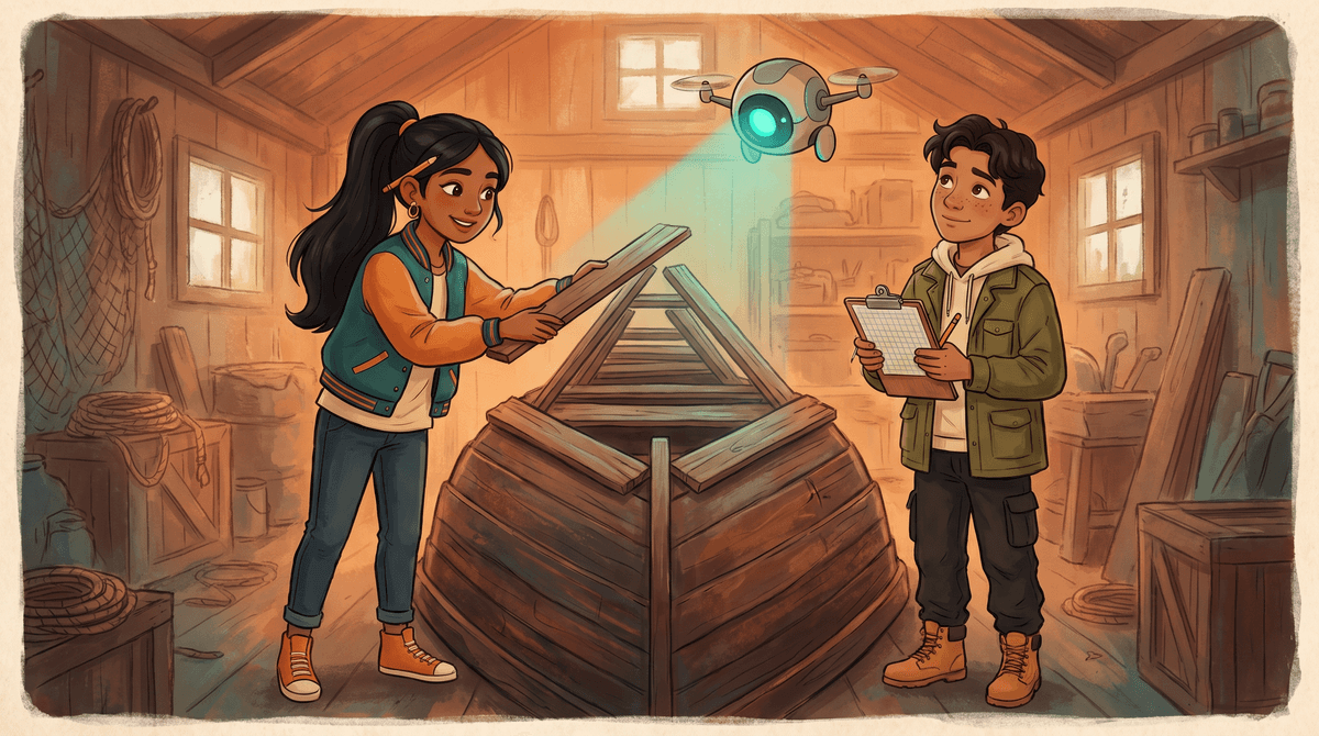 An upturned hull with planks in triangular stacked rows; Comet fits a plank while Wren counts the rows.