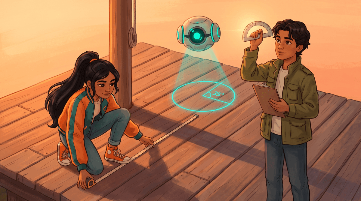 Late afternoon: the mast's long shadow crosses the dock while Comet measures it and Wren holds a protractor.
