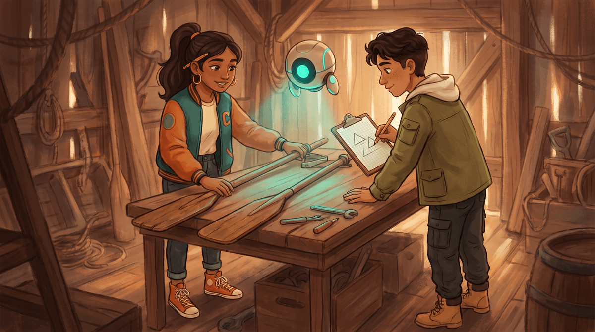 Two hinged oars at an angle on the workbench while Wren sketches two overlapping triangles beside them.