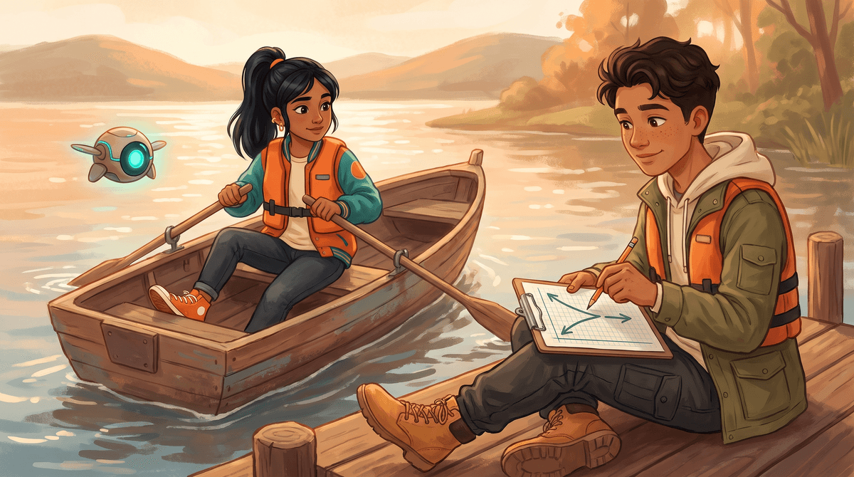 Comet rows across the lake in a life vest, drifting sideways, while Wren draws two arrows joining into one.