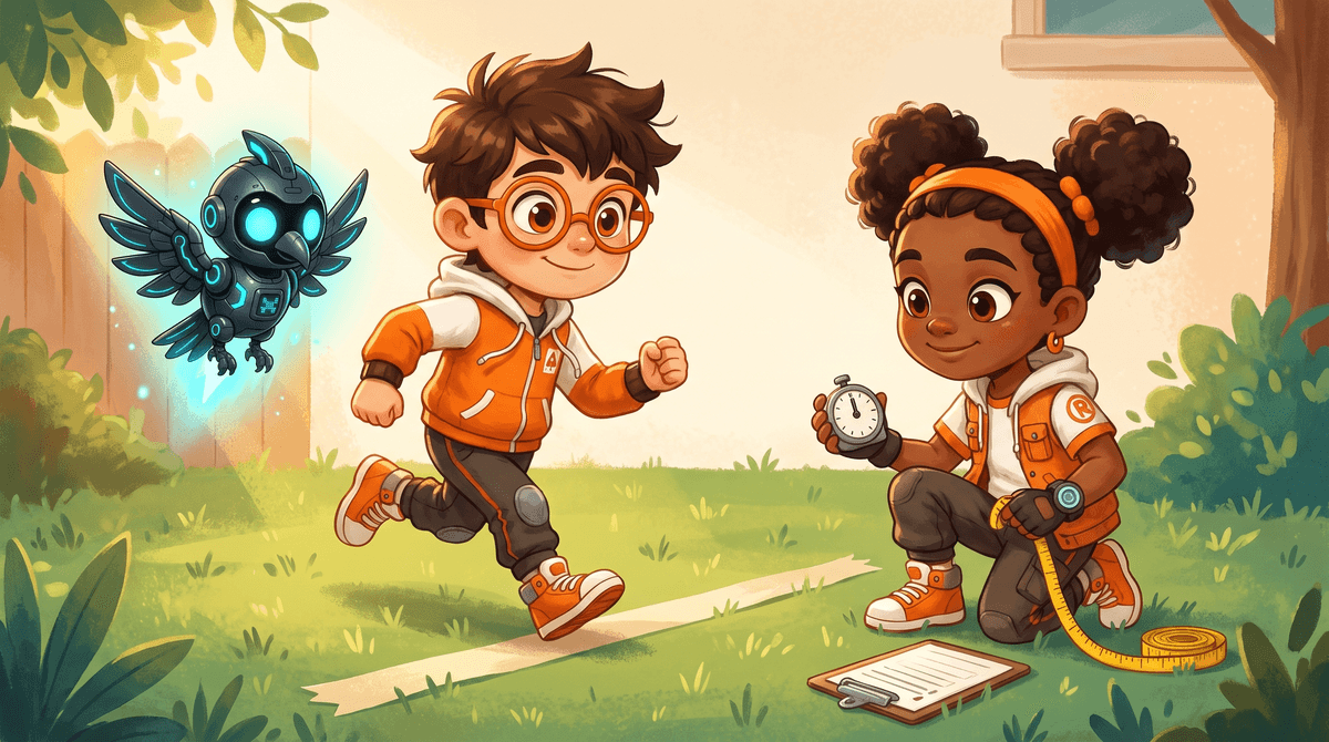 Rocket, Raven and Nova on the back path with a tape measure and a timer. Raven writes times in her notebook at the Numbers Desk.