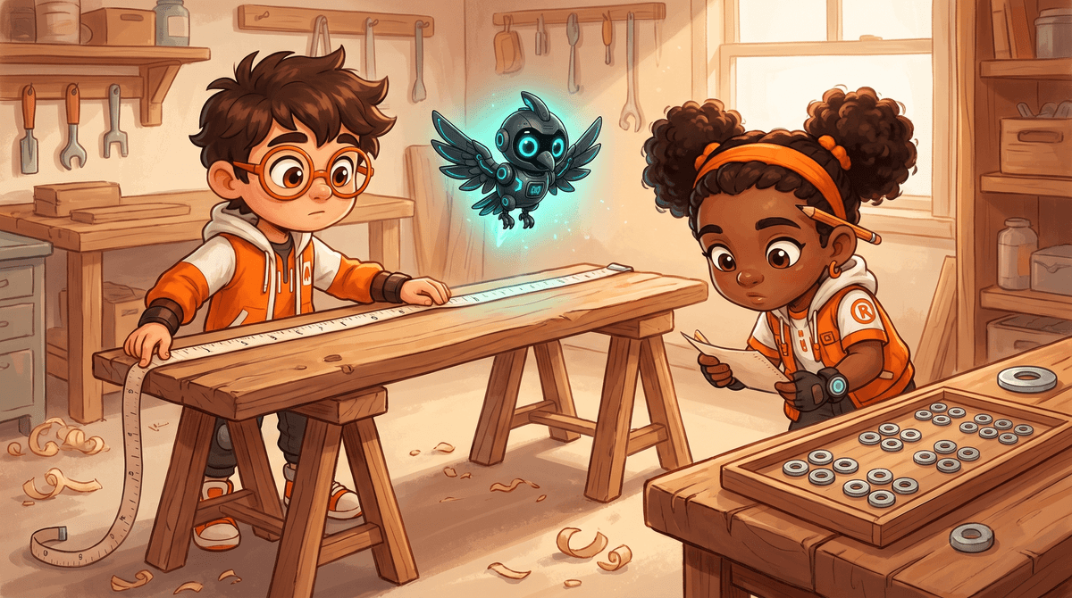 Rocket holds a tape measure along a long board in the workshop while Raven reads a note and Nova hovers above.