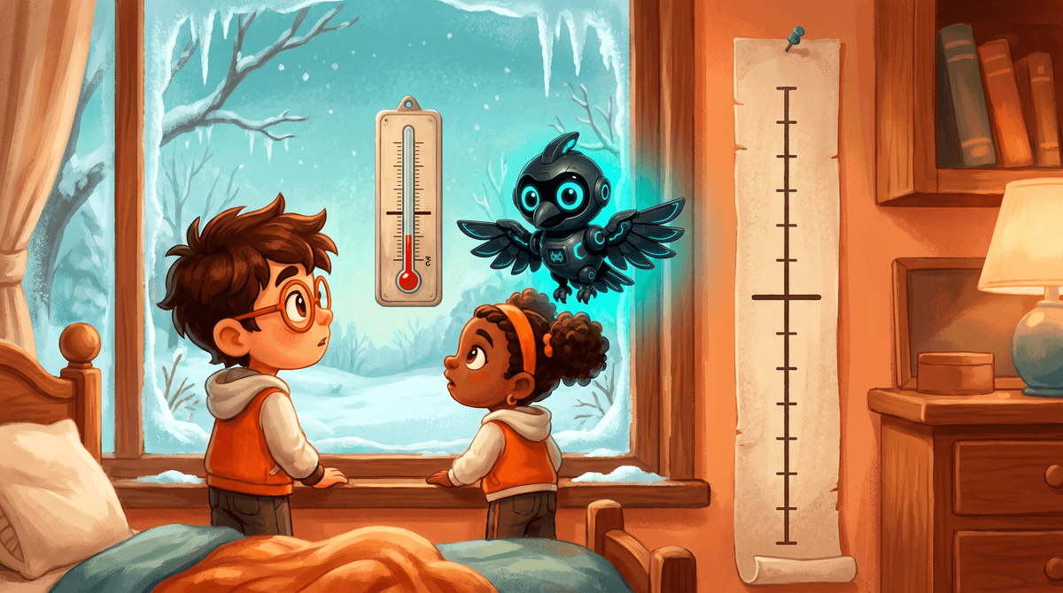 Rocket and Raven at a frosty window with a thermometer below zero, Nova hovering, a tall number line on the wall.