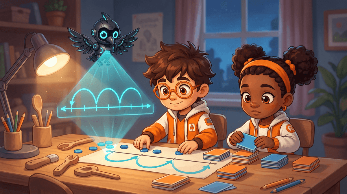 Rocket, Raven and Nova at the Numbers Desk. A bowl of crumpled paper balls sits on the table beside a taped number line. Nova hovers with her light on.