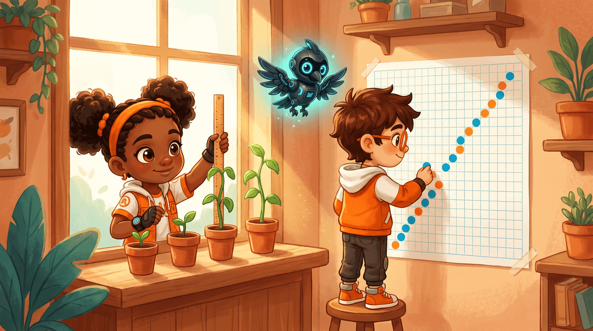 Rocket, Raven and Nova at the Numbers Desk with two seedling pots. Paper rulers are taped to the pots and the seedling log lies open. Nova hovers with her light on.