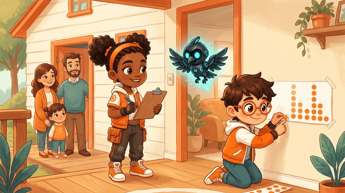 Rocket, Raven and Nova at the Numbers Desk with a clipboard, a tally sheet and a dot plot on graph paper.