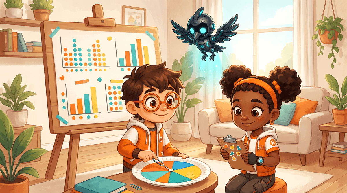 Rocket, Raven and Nova at the Numbers Desk with a paper plate spinner, a paper clip pointer and a tally sheet.