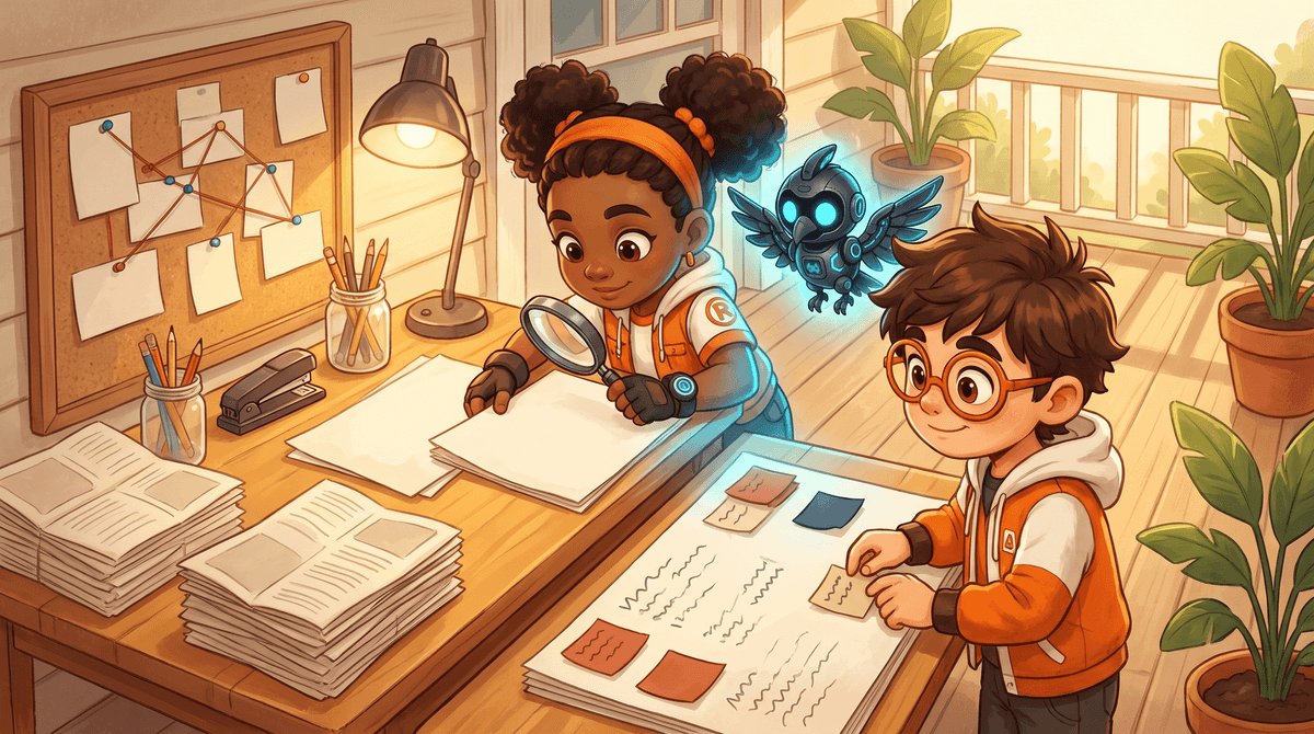 Rocket, Raven and Nova at the Signal Desk with sticky notes beside story lines and a magnifying glass.