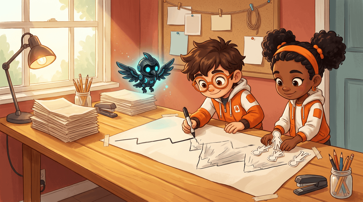 Rocket, Raven and Nova at the Signal Desk beside a story mountain drawn on butcher paper.