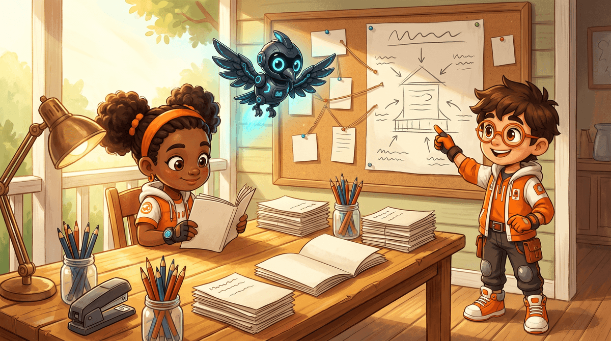 Rocket, Raven and Nova at the Signal Desk with a stack of Signal issues and a blank neighborhood diagram.