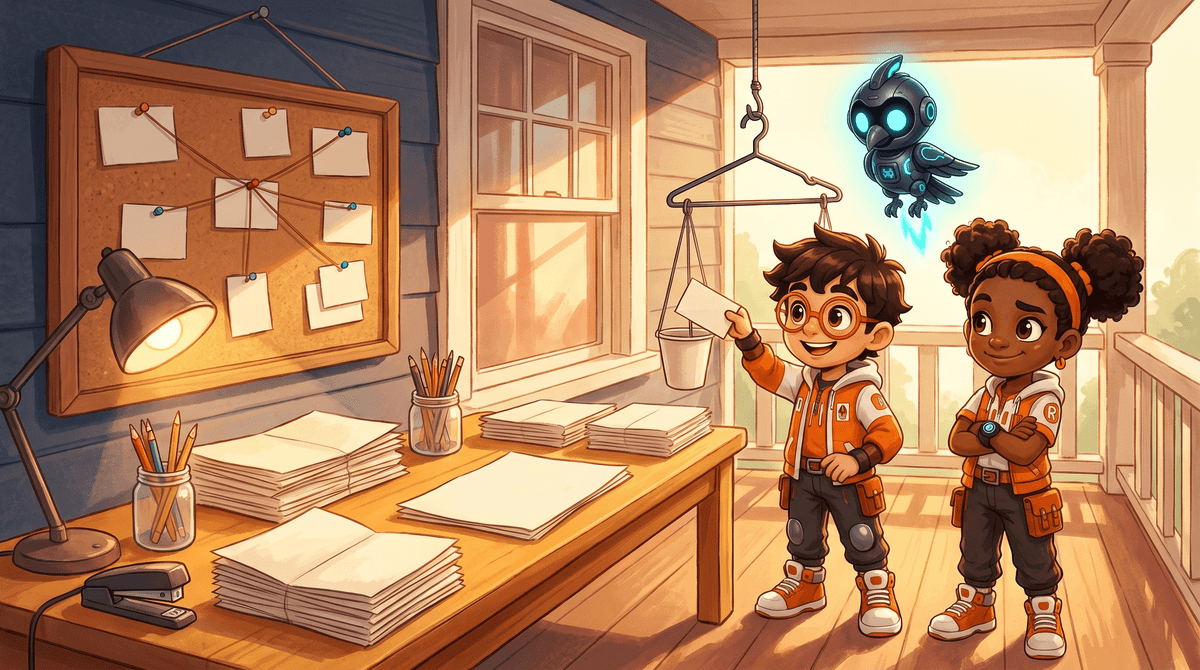 Rocket, Raven and Nova at the Signal Desk weighing evidence cards on a coat-hanger balance under the lamp.