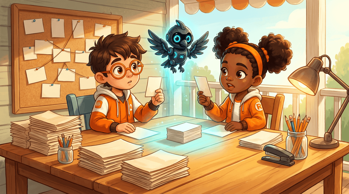 Rocket and Raven debate across the Signal Desk, cards between them, while Nova hovers over the corkboard.