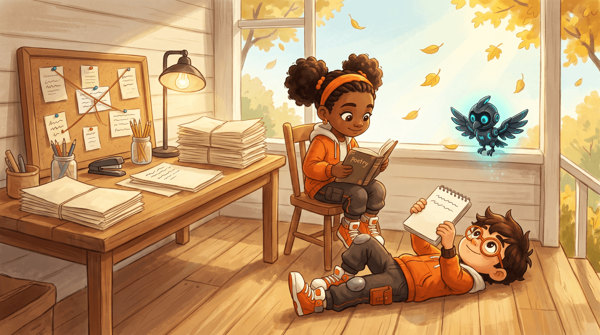 Raven reads an old poetry book by the porch window while autumn leaves fall outside and Nova hovers nearby.