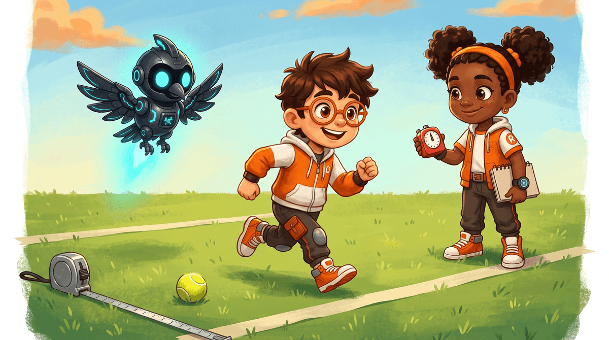 Rocket jogs between two masking tape lines on a sunny backyard lawn. Raven stands at the finish line holding a kitchen timer and a notebook. Nova the drone hovers above the start line with a cyan glow. A tape measure lies along the grass and a tennis ball waits by the start line.