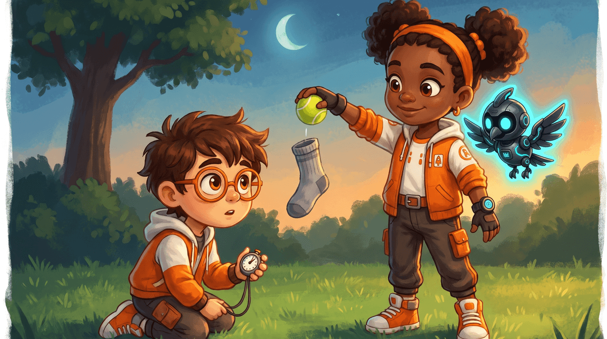 Raven stands on a backyard lawn, ready to drop a tennis ball from one hand and a rolled sock from the other. Rocket kneels below with a timer, watching closely. Nova the drone hovers beside Raven's hand with a cyan glow. An evening sky shows a pale Moon above a tree.