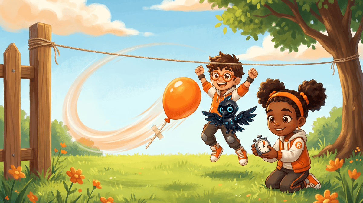 Rocket and Raven on a lawn with a long string tied between a fence post and a tree. A balloon taped to a straw zips along the string. Rocket cheers, Raven holds a kitchen timer, and Nova the drone hovers beside the balloon.