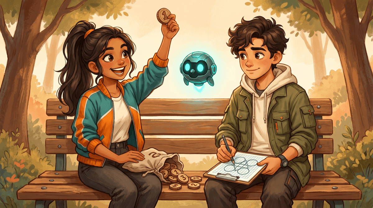 The lane draw: Comet lifts a numbered token from a cloth bag while Wren sketches a grid of outcomes.
