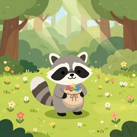 Riley the Raccoon holding a puzzle piece