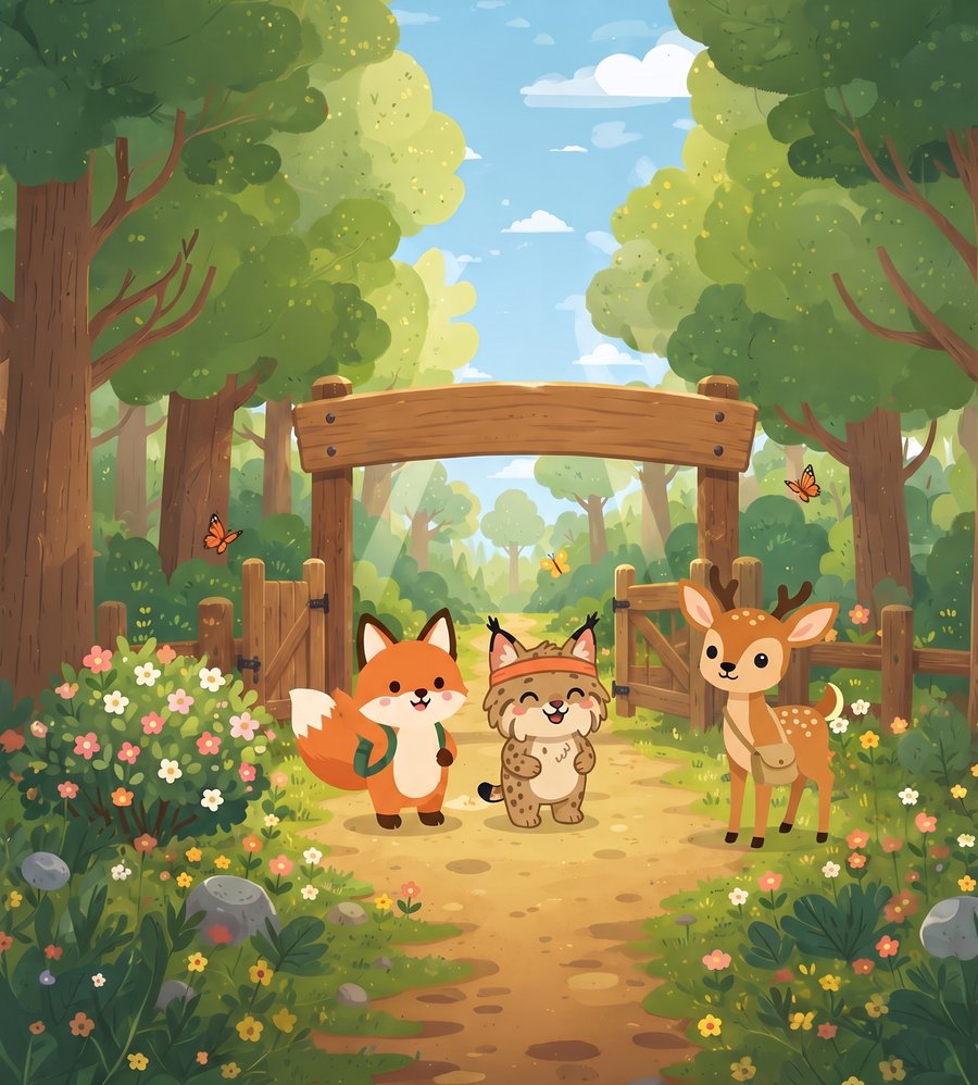 Ferris the Fox at the Forest Gate with Bruce the Bobcat and Donnie the Deer