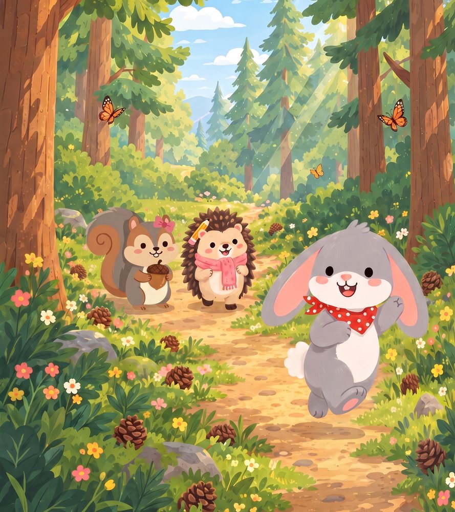 Rosie the Rabbit hopping along a pine forest path with Hazel the Hedgehog and Samantha the Squirrel