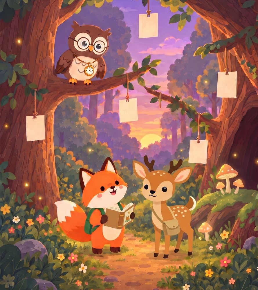 Oliver the Owl on a branch in Owl Hollow, with Ferris the Fox and Donnie the Deer looking up at word clues hanging from the trees