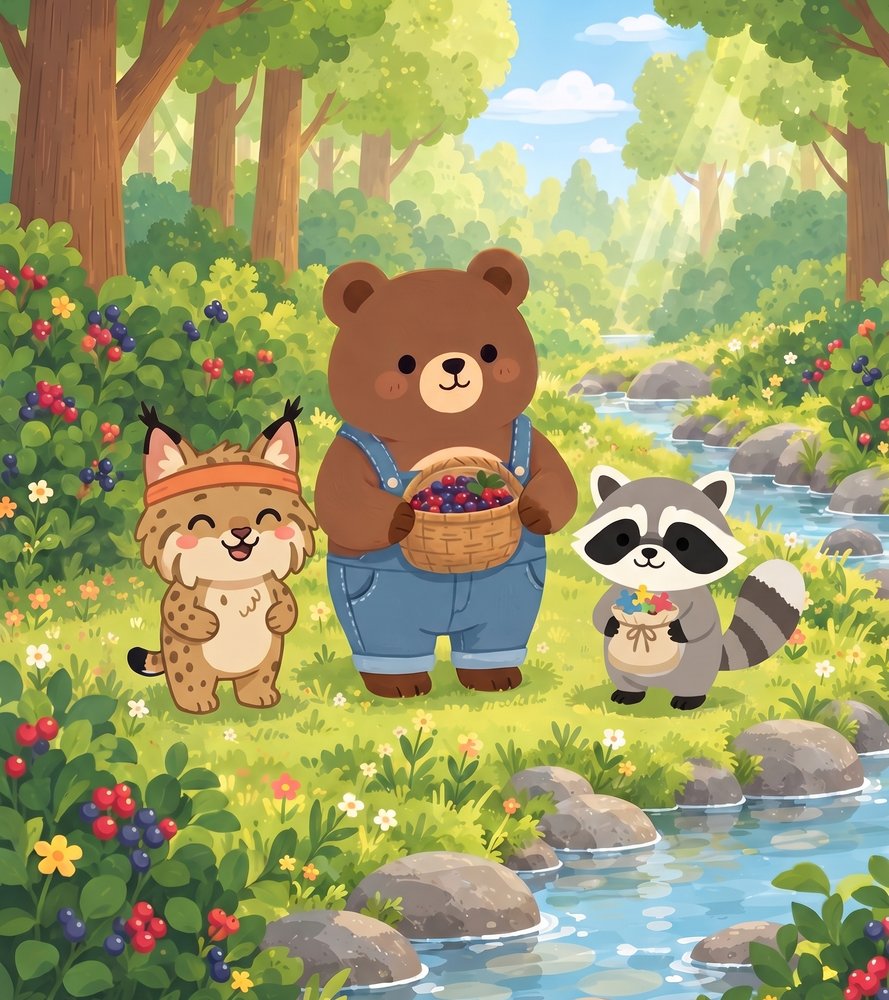 Bennie the Bear by a sunny creek with berry bushes, with Bruce the Bobcat and Riley the Raccoon
