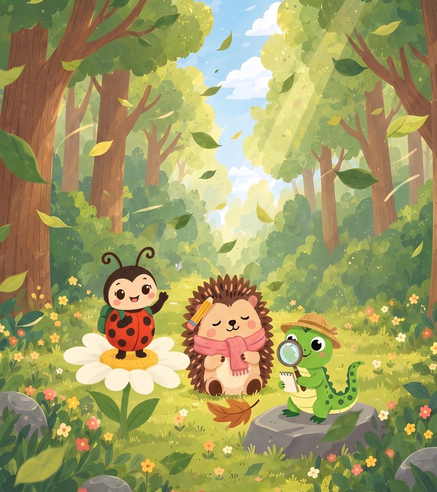 Hazel the Hedgehog in a breezy wood with leaves drifting down, with Lucy the Ladybug on a daisy and Lizzy the Lizard studying a leaf