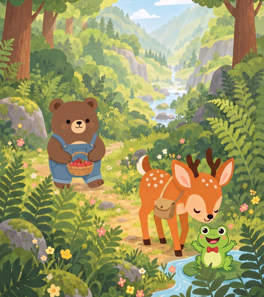 Donnie the Deer walking slowly through a green valley of ferns with Freddy the Frog and Bennie the Bear