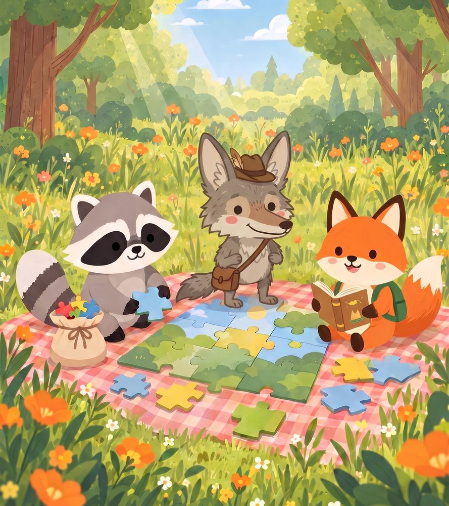 Riley the Raccoon hosting a puzzle party in a sunny meadow with Chris the Coyote and Ferris the Fox
