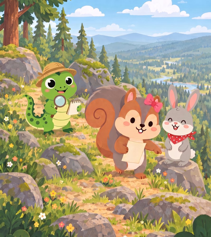 Samantha the Squirrel leading Lizzy the Lizard and Rosie the Rabbit up a rocky ridge on a scavenger hunt
