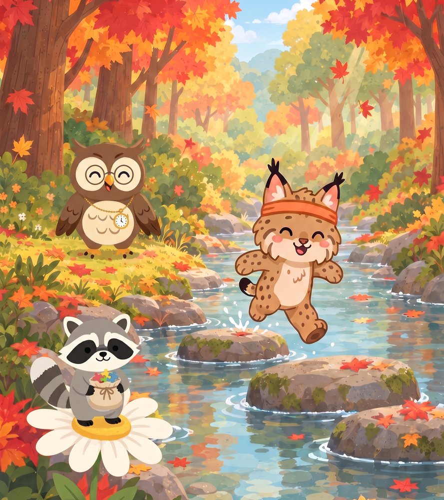 Bruce the Bobcat leaping across stepping stones at a maple-lined creek crossing while Oliver the Owl and Riley the Raccoon cheer
