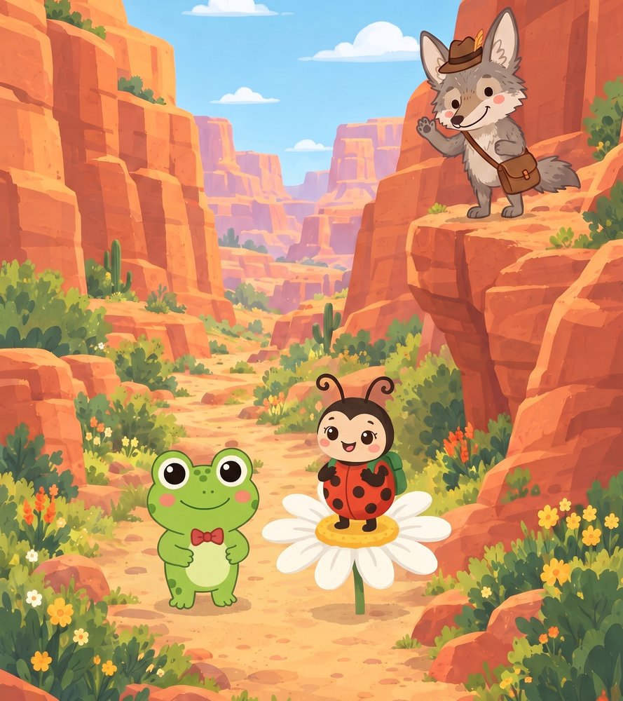 Chris the Coyote standing on a red rock ledge in a sunny canyon, with Freddy the Frog and Lucy the Ladybug on the trail below