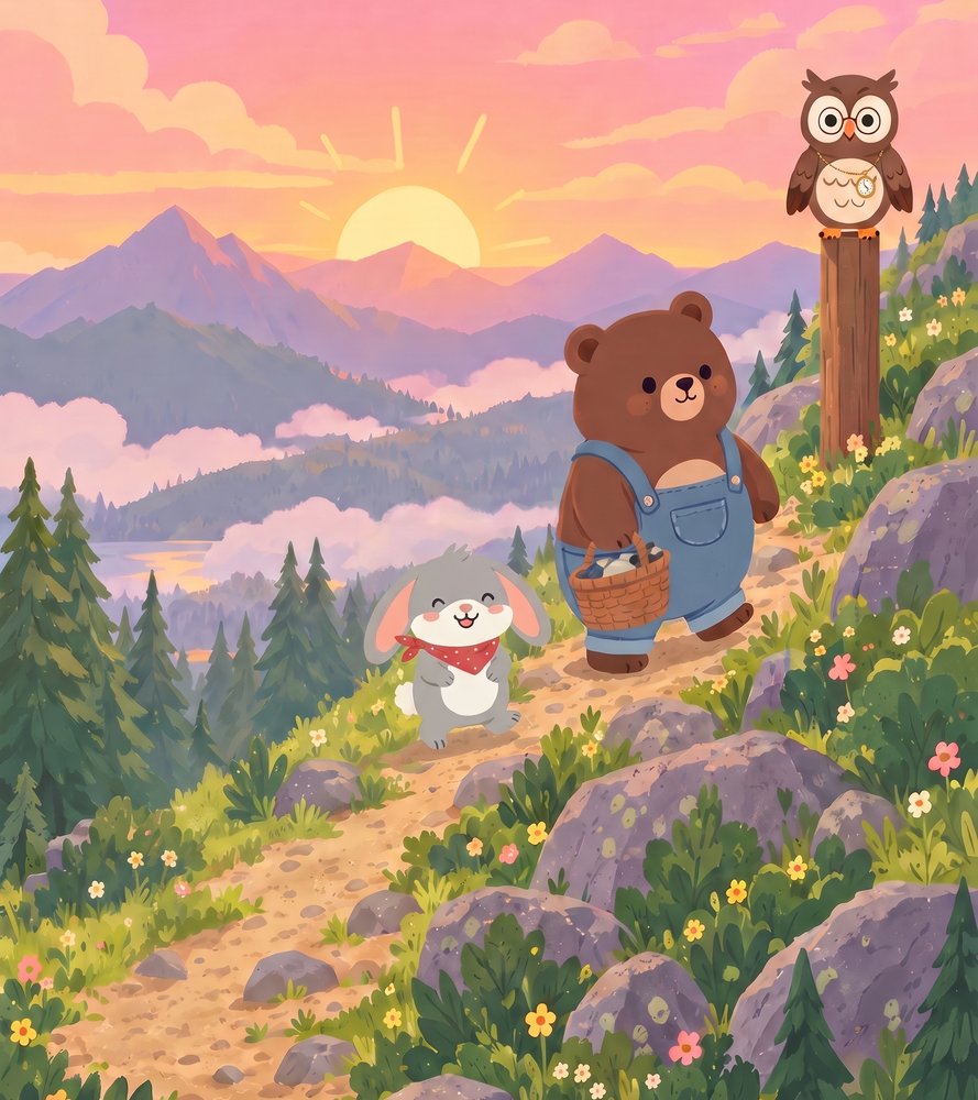 Oliver the Owl and Bennie the Bear on a mountain trail at sunrise, with Rosie the Rabbit climbing behind them