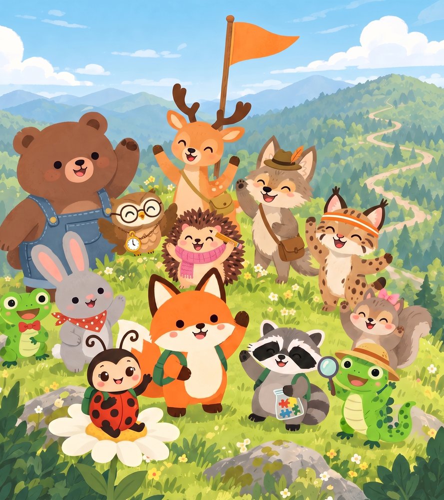 Ferris the Fox at the top of Tomorrow Peak with all twelve of his friends, Lucy the Ladybug waving from a daisy in front, under a bright morning sky