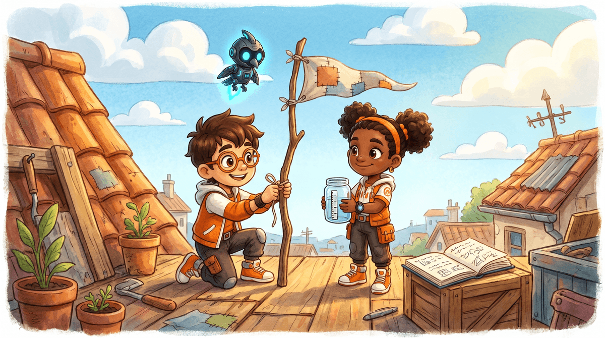 Rocket opens a toolbox on the lab roof. Raven writes in a notebook while Nova hovers at the railing under thin clouds.