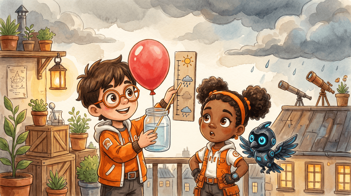 Rocket holds a meter stick with a balloon taped to each end while Raven watches it tip. Nova hovers close by on the roof.