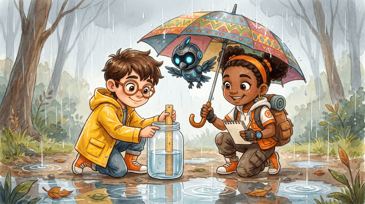 Rocket holds up a rain jar with ice pellets floating in it. Raven writes in the weather log beside him. Nova, the crew's drone, hovers above them on the wet rooftop.