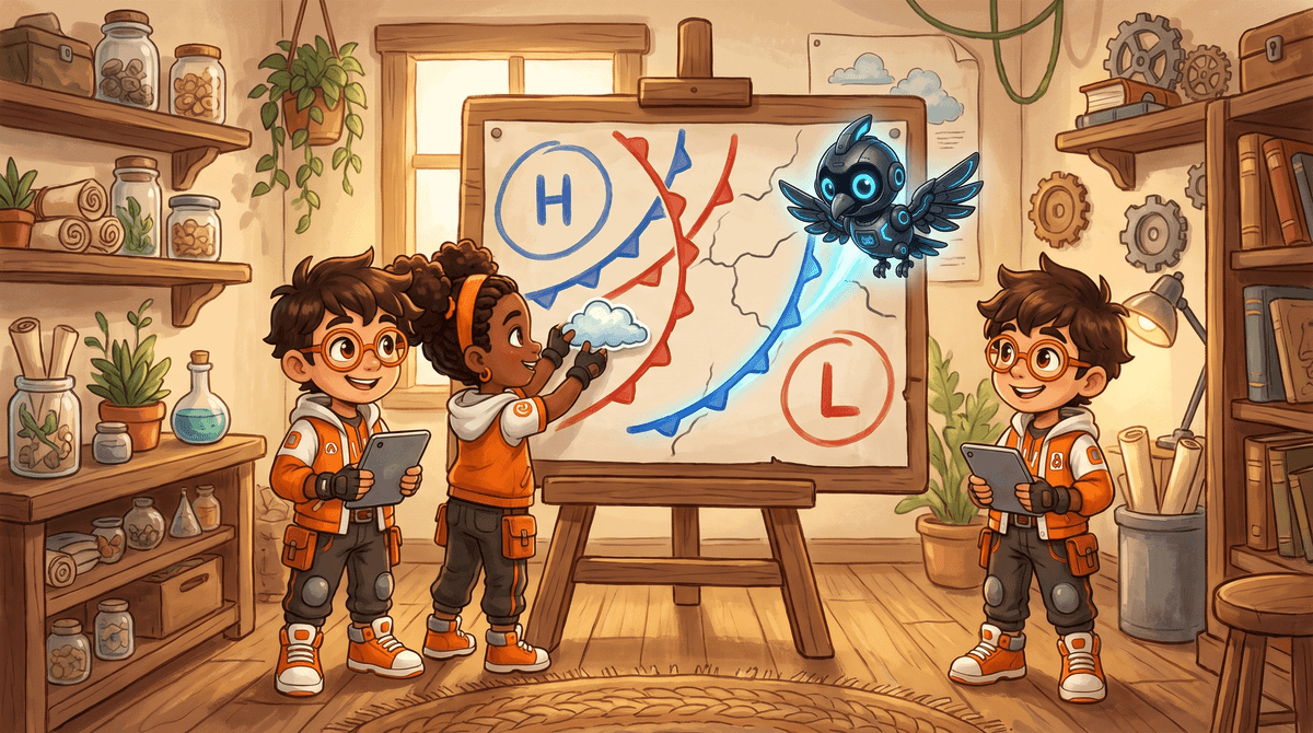 Rocket points at a wall map showing two huge bodies of air. Raven compares two days in the weather log. Nova, the crew's drone, lights up the map beside them.