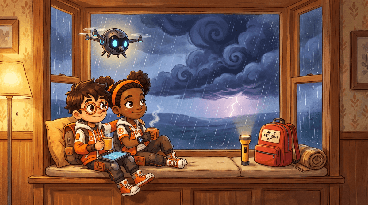 Rocket, Raven and Nova watch a tall anvil-topped storm cloud safely from inside the lab window. Nova, the crew's drone, hovers near the glass.