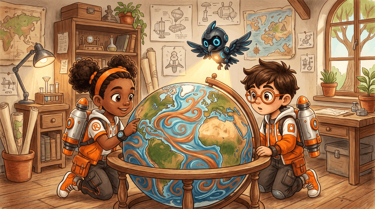Rocket holds a beach ball painted like Earth on Station Rooftop. Raven traces an ocean current with her finger. Nova, the small AI companion drone, glows above the blue Atlantic.