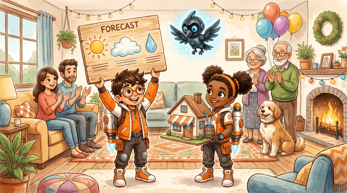 Rocket, Raven and Nova gather around the station log on Station Rooftop. Rocket holds a pencil, Raven points at a column of readings, and Nova, the small AI companion drone, lights the page.